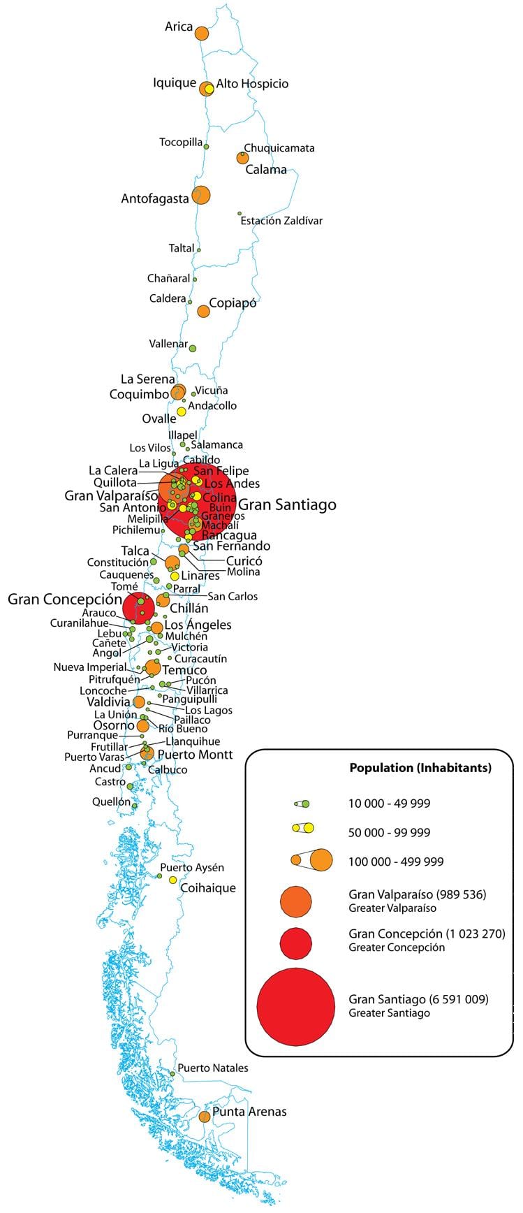 チリの人口密度の地図