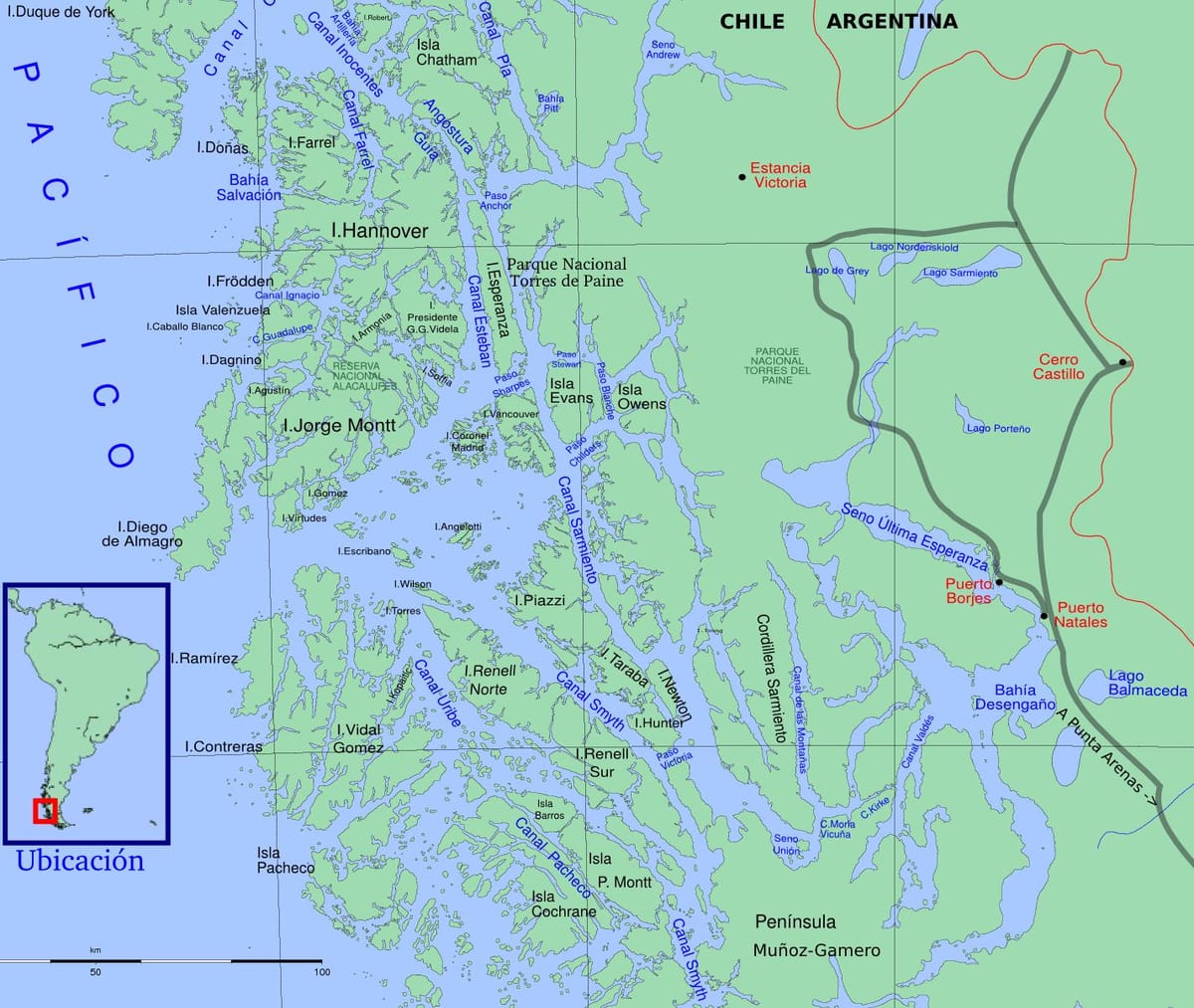 地図のチリの氷河